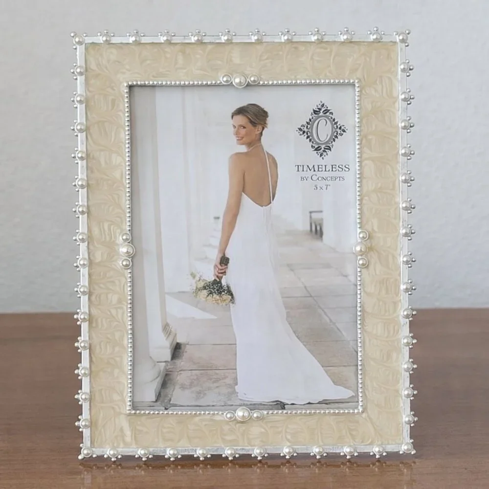 5x7 Pearl Embellished Picture Frame Cream Silver Wedding Cottage Chic Decor
